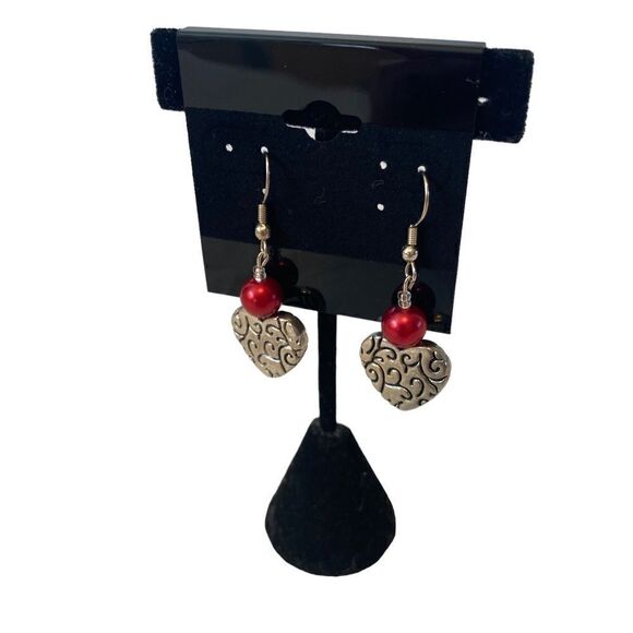 Silver Toned Heart Shaped Earrings w/ Red Bead. - Picture 3 of 5